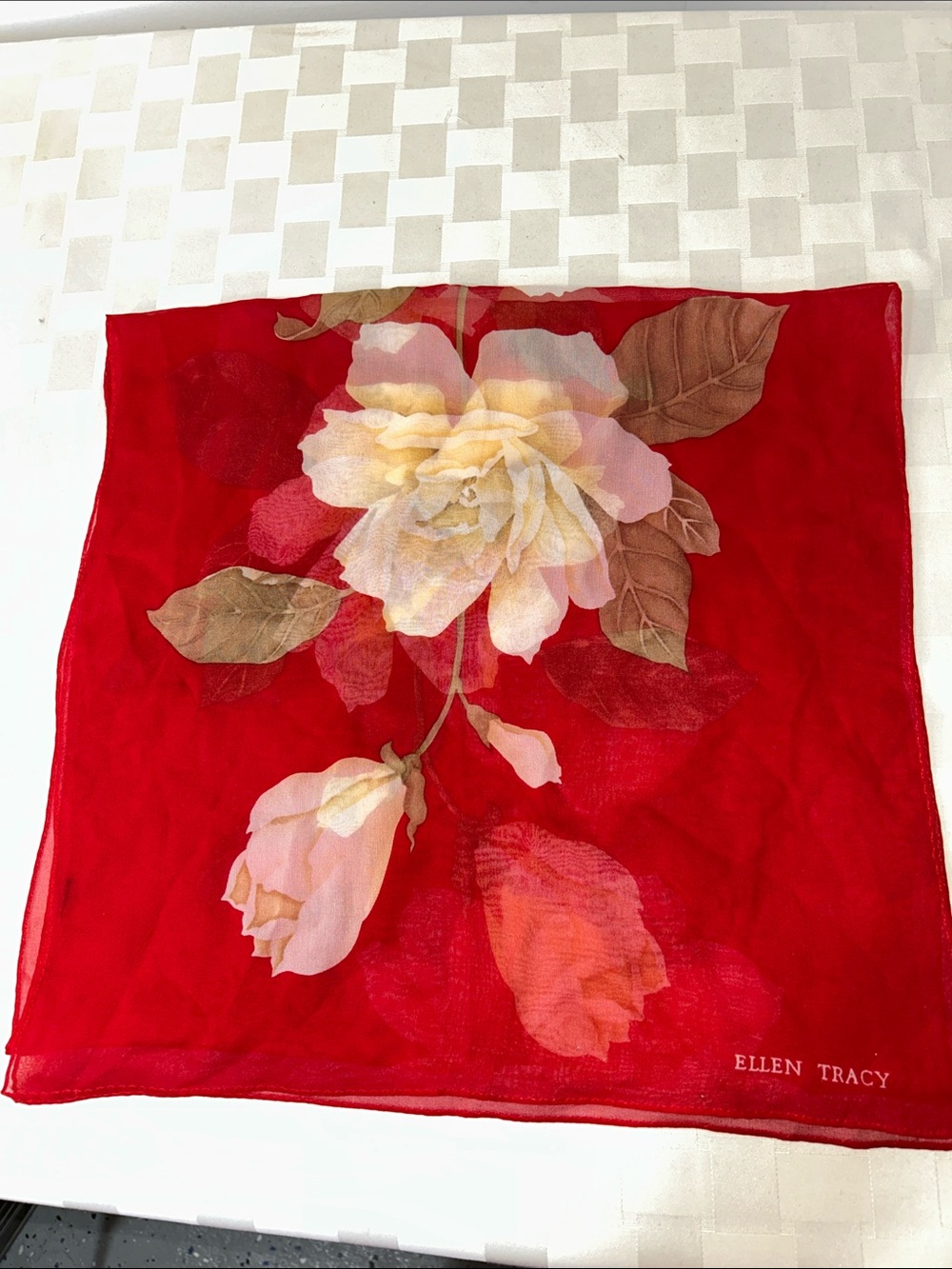 Ellen Tracy Red Floral Scarf with Cream Blooms